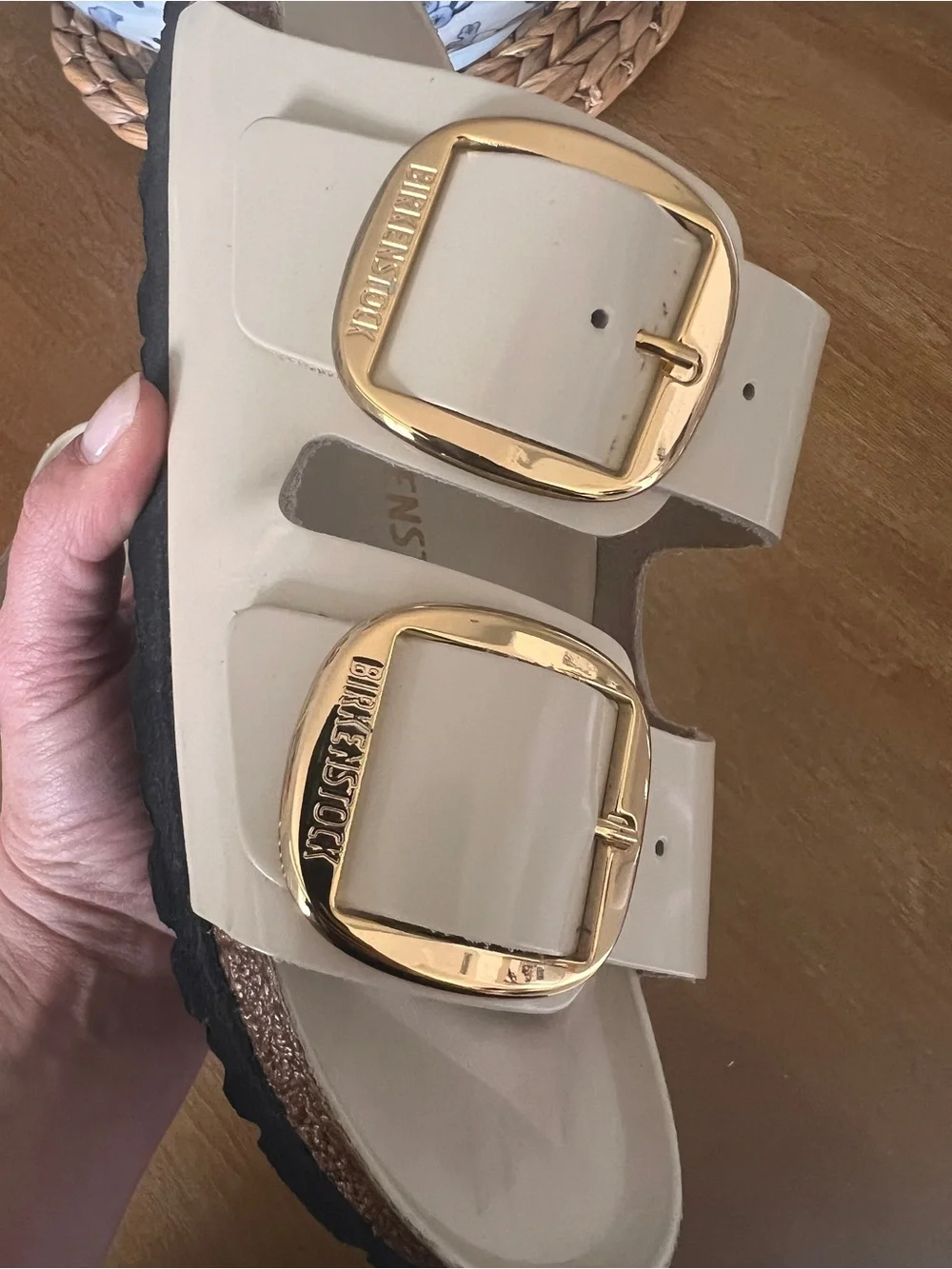 Birkenstock White Double-Strap Sandals with Gold Buckles - Picture 6 of 7